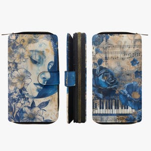 Portefeuille en cuir bleu, portefeuille d'art, portefeuille peinture, portefeuille notes de musique, motif piano, journal bleu de Vienne, cadeau musicien