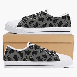 Zapatillas de lona gris, zapatillas divertidas de gato, estampado de gato de dibujos animados, zapatos de tela cómodos, zapatillas bajas, mujeres - niños, zapatillas divertidas
