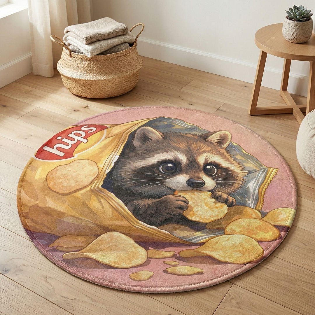 Children's Rug With Raccoon and Chips – Round Animal Motif for Playroom ...