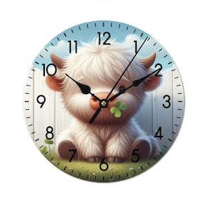 Children&#39;s Highland Cow Wall Clock – Silent wooden children&#39;s wall clock in a cute cow design for girls and boys, beautiful children&#39;s clock for the nursery