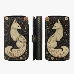 Cartera de zorro para mujer | Cartera Boho con Estampado Floral | Cartera con motivo animal místico | Estilo vintage | Accesorio gótico | Amantes de los zorros