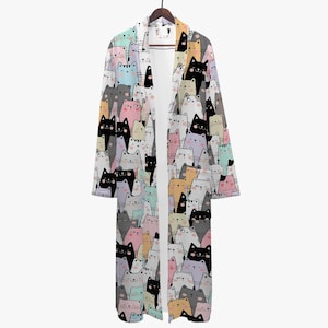 Colorful Cartoon Cat Women's - Men's Bathrobe, Cat Design Dressing Gown, Women's Bathrobe, Kawaii Cat Pattern Robe, Men's Bathrobe