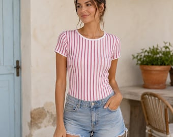 Damen Body gestreift Rosa Creme – Kurzarm Body Damen, Basic Bodyshirt, Sommer Body, Casual Outfit, Geschenk für Frauen