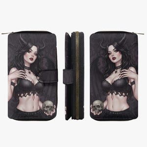 May include: Black wallet with a gothic illustration of a woman with horns, wings, and a skull. The wallet has a zip closure and a snap closure. The design is repeated on both sides of the wallet.