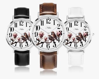 Vintage ladies' leather watch with bird and magnolia motif – Stylish wristwatch with animal design, children's watch with leather strap, elegant nature design