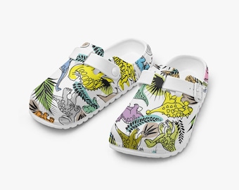 Colorful Dinosaur Clogs – Fun Slip-On Sandals for Women, Men, and Kids – Slippers and Garden Shoes with Dinosaur Motif, Cartoon Design