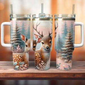 40oz Thermo Mug To Go - Insulated Drinking Mug Deer and Forest Animal Design, Pastel Colors, with Handle, Ideal as a Gift for Nature Lovers