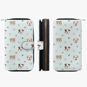 Cartera de cuero con diseño de perro para mujer - Cartera grande con motivo de Bulldog Inglés, cartera con cremallera, cartera con patrón de perro