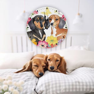 Colorful Dachshund Wooden Wall Clock – Silent Round Clock with Dog Motif for Living Room and Children&#39;s Room | Perfect Gift for Dachshund Lovers