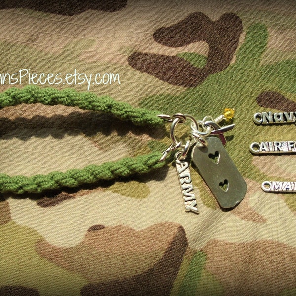 Double Heart Dog Tag Army Marines Navy National Guard Air Force charm Boot Band Bracelet Military  mom USMC usaf