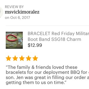 May include: Red paracord bracelet with a silver charm that says "SSG18". The bracelet is on a camouflage background. The text "BRACELET Red Friday Military Boot Band SSG18 Charm" and "$12.99" are visible. Five stars are shown below the text.