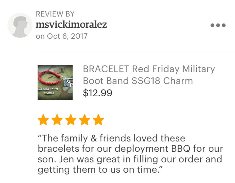 May include: Red paracord bracelet with a silver charm that says "SSG18". The bracelet is on a camouflage background. The text "BRACELET Red Friday Military Boot Band SSG18 Charm" and "$12.99" are visible. Five stars are shown below the text.