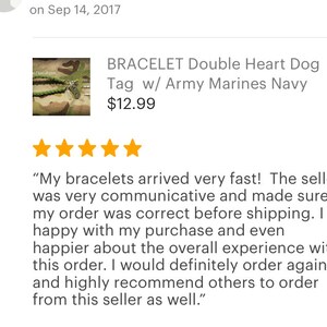 May include: A green, brown, and black paracord bracelet with a silver charm in the shape of a dog. The bracelet has a five-star rating and a customer review that says "My bracelets arrived very fast! The seller was very communicative and made sure my order was correct before shipping. I happy with my purchase and even happier about the overall experience with this order. I would definitely order again and highly recommend others to order from this seller as well."