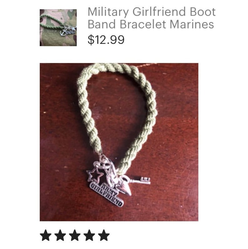 May include: Green braided bracelet with silver charms, including a key, a heart, a star, and a charm that says "Army Girlfriend".