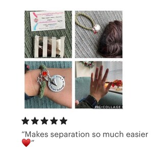 May include: A green rope bracelet with a silver charm that says "My heart belongs to you" and a red heart charm. The bracelet is on a person's wrist. The image also includes a close-up of the bracelet, a business card, and a hand holding the bracelet.