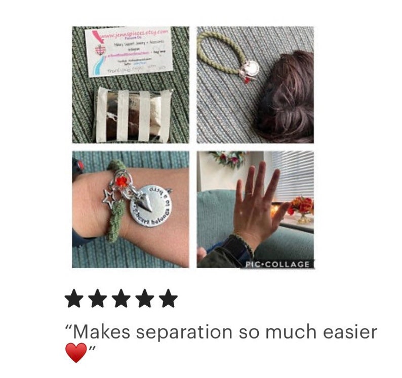 May include: A green rope bracelet with a silver charm that says "My heart belongs to you" and a red heart charm. The bracelet is on a person's wrist. The image also includes a close-up of the bracelet, a business card, and a hand holding the bracelet.