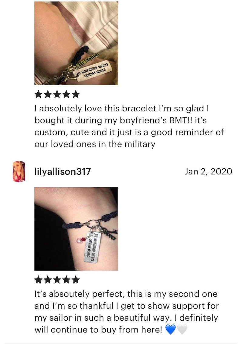 May include: Black braided bracelet with a silver charm that reads "My boyfriend wears combat boots".