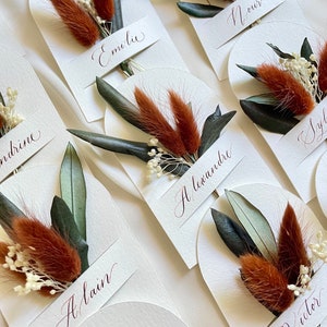 Floral place mark with handmade calligraphy with olive leaves - Terracotta and Provence wedding