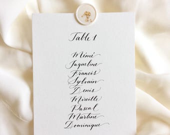 Wedding seating plan and wax seal with handmade calligraphy Number of tables Modern seating plan