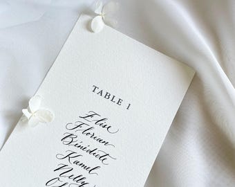Wedding Table Number Table name with handmade calligraphy and digital printing. 10 x 20 cm seating plan. Up to 15 first names