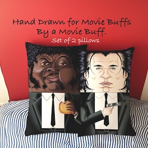 Pulp Fiction Pillows Set Vincent Vega & Jules Winnfield, Funny 3D Tarantino Decor, Film Art for Movie Room, Hand Drawn Travolta and Samuel