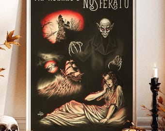 Nosferatu Horror Movie Poster Vintage 1922 Print, Gothic Wall Art for Halloween, Creepy Dracula Vampire Count Orlok, Haunted Castle Scenery
