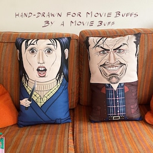 The Shining Pillow Set, Stanley Kubrick Film Art for Movie Buffs, Hand Drawn Jack & Wendy Torrance, Horror Film Decor, Gift for Couples