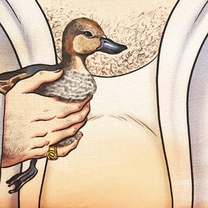 May include: Illustration of a duck held in a hand. The duck has brown and gray feathers, a black beak, and dark feet. The hand holding the duck has a gold ring on one finger. The background is a light beige color.