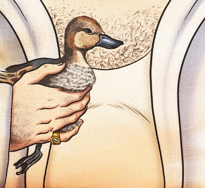 May include: Illustration of a duck held in a hand. The duck has brown and gray feathers, a black beak, and dark feet. The hand holding the duck has a gold ring on one finger. The background is a light beige color.