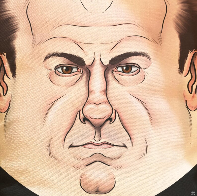 May include: A close-up illustration of a face with a stern expression. The image features a light skin tone, brown eyes, and dark eyebrows. The artwork has visible lines and wrinkles, suggesting an older age. The background is a neutral beige color.