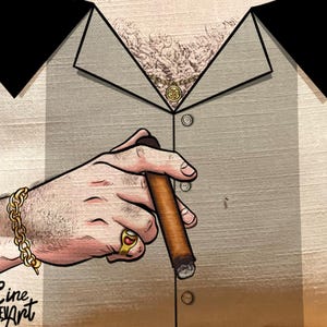 May include: Illustration of a person's hand holding a lit cigar. The hand is adorned with a gold bracelet and a ring. The person is wearing a shirt with a gold chain. The image has the text "Cine Bouley Art" in the bottom left corner.