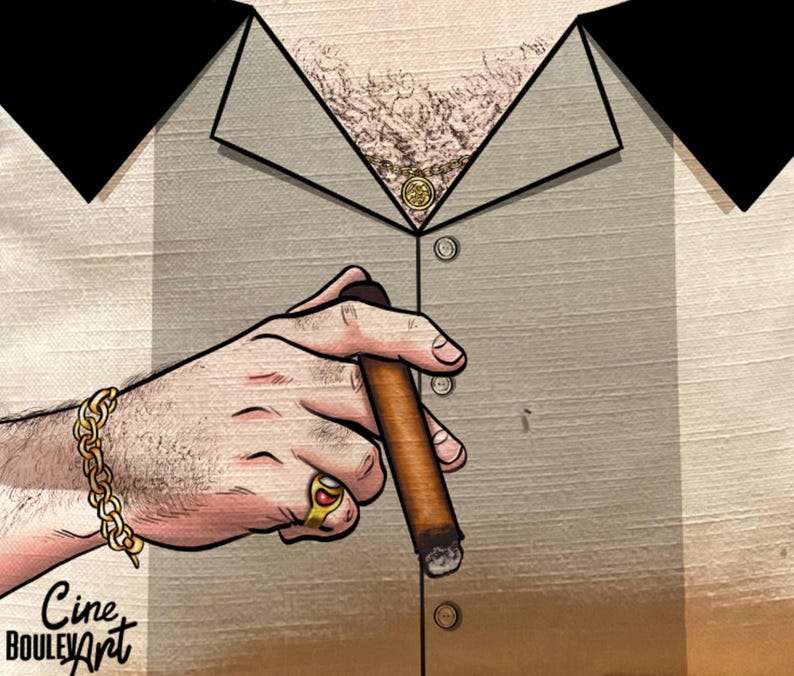 May include: Illustration of a person's hand holding a lit cigar. The hand is adorned with a gold bracelet and a ring. The person is wearing a shirt with a gold chain. The image has the text "Cine Bouley Art" in the bottom left corner.