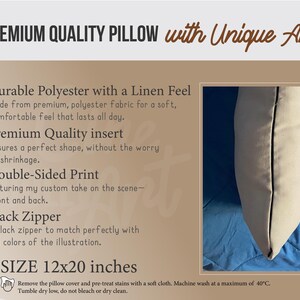 May include: Cream-colored pillow with a black zipper, displayed on a blue surface. The pillow is 12x20 inches and made of durable polyester with a linen feel. The text on the image says "Premium Quality Pillow with Unique Art."