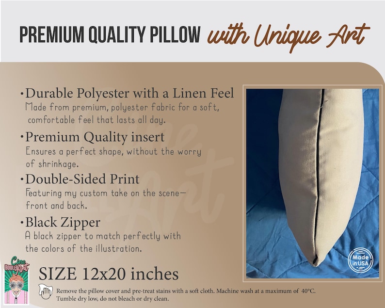 May include: Cream-colored pillow with a black zipper, displayed on a blue surface. The pillow is 12x20 inches and made of durable polyester with a linen feel. The text on the image says "Premium Quality Pillow with Unique Art."