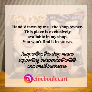 May include: A square, cream-colored print featuring two stylized figures with dark hair and leather jackets. Text includes "Hand-drawn by me - the shop owner" and "cineboulevart" on the bottom. The print supports independent artists.