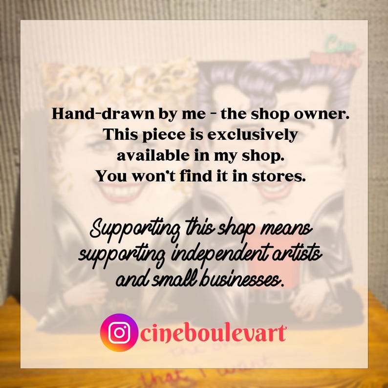 May include: A square, cream-colored print featuring two stylized figures with dark hair and leather jackets. Text includes "Hand-drawn by me - the shop owner" and "cineboulevart" on the bottom. The print supports independent artists.