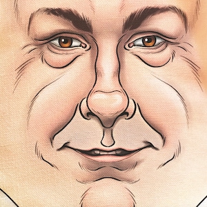 May include: Close-up illustration of a human face. The face is depicted with detailed shading and lines, showing wrinkles and features. The eyes are brown, and the skin tone is a light peach color. The image is a portrait.