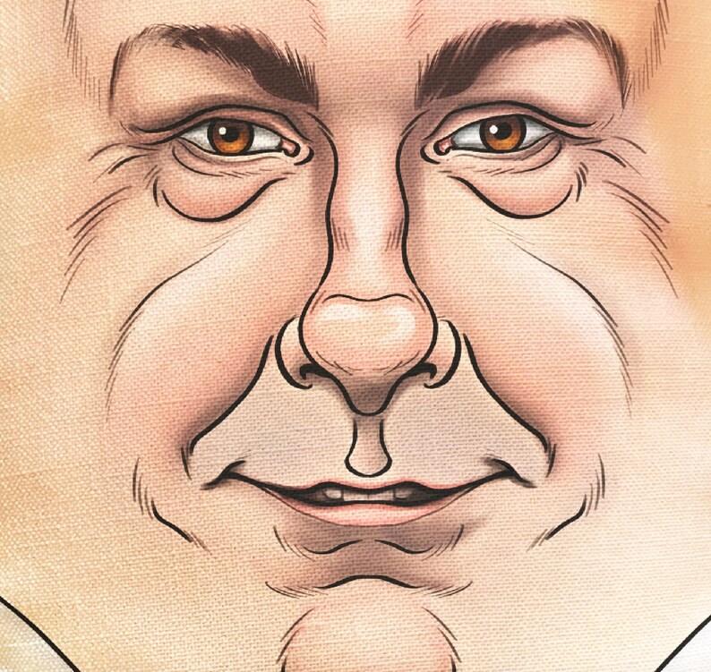 May include: Close-up illustration of a human face. The face is depicted with detailed shading and lines, showing wrinkles and features. The eyes are brown, and the skin tone is a light peach color. The image is a portrait.