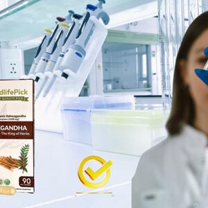 Peut inclure: Une bouteille blanche avec une &eacute;tiquette qui dit "GoodlifePick Premium Quality" et "Ashwagandha Ginseng indien - Le roi des herbes". La bouteille contient des capsules blanches et se trouve dans un laboratoire. L'&eacute;tiquette indique &eacute;galement "Fabriqu&eacute; avec de l'extrait d'ashwagandha biologique 1200 mg (KSM-66)" et "90 capsules".