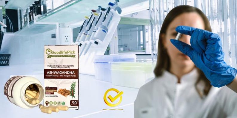 Peut inclure: Une bouteille blanche avec une &eacute;tiquette qui dit "GoodlifePick Premium Quality" et "Ashwagandha Ginseng indien - Le roi des herbes". La bouteille contient des capsules blanches et se trouve dans un laboratoire. L'&eacute;tiquette indique &eacute;galement "Fabriqu&eacute; avec de l'extrait d'ashwagandha biologique 1200 mg (KSM-66)" et "90 capsules".