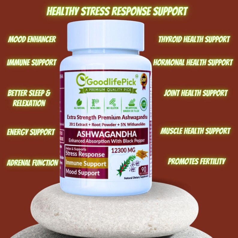 Peut inclure: Une bouteille blanche avec une &eacute;tiquette verte qui indique "GoodlifePick" et "Extra Strength Premium Ashwagandha 20:1 Extract + Root Powder + 5% Withanolides". La bouteille est &eacute;tiquet&eacute;e avec "Ashwagandha" et "12300 MG". La bouteille est pos&eacute;e sur une pile de rochers. La bouteille est entour&eacute;e de texte qui dit "Healthy Stress Response Support", "Mood Enhancer", "Immune Support", "Better Sleep & Relaxation", "Energy Support", "Adrenal Function", "Thyroid Health Support", "Hormonal Health Support", "Joint Health Support", "Muscle Health Support", et "Promotes Fertility".