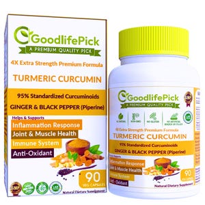 May include: A white bottle and a rectangular box of GoodlifePick Turmeric Curcumin dietary supplement. The packaging features yellow and orange accents, text detailing 95% standardized curcuminoids with ginger and black pepper, and 90 veg capsules.