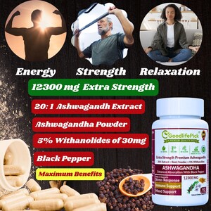 Peut inclure: Une bouteille blanche avec un couvercle noir &eacute;tiquet&eacute; "GoodlifePick" et "Ashwagandha" avec une &eacute;tiquette verte et jaune sur le devant. La bouteille contient 12300 mg d'extrait d'ashwagandha, de poudre et 5% de withanolides de 30mg. La bouteille est pos&eacute;e sur une surface brune avec des grains de poivre noir et des capsules.