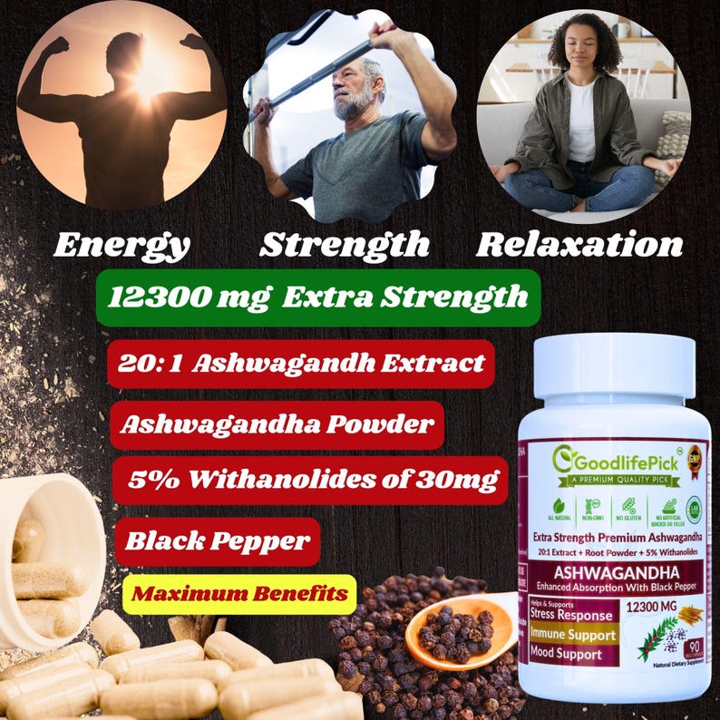 Peut inclure: Une bouteille blanche avec un couvercle noir &eacute;tiquet&eacute; "GoodlifePick" et "Ashwagandha" avec une &eacute;tiquette verte et jaune sur le devant. La bouteille contient 12300 mg d'extrait d'ashwagandha, de poudre et 5% de withanolides de 30mg. La bouteille est pos&eacute;e sur une surface brune avec des grains de poivre noir et des capsules.
