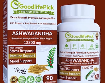 12300 MG Ashwagandha Capsules: 5% Withanolides, Black Pepper - 90ct