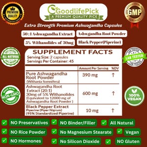 Peut inclure: Une &eacute;tiquette brune avec du texte blanc d&eacute;taillant les informations nutritionnelles des capsules d'ashwagandha premium extra-fortes. L'&eacute;tiquette liste les ingr&eacute;dients, la quantit&eacute; par portion et le %DV. L'&eacute;tiquette indique &eacute;galement que le produit est 100% v&eacute;g&eacute;talien, non-OGM et test&eacute; en laboratoire.