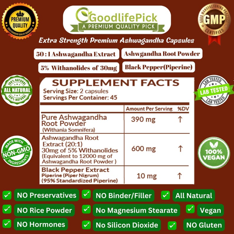 Peut inclure: Une &eacute;tiquette brune avec du texte blanc d&eacute;taillant les informations nutritionnelles des capsules d'ashwagandha premium extra-fortes. L'&eacute;tiquette liste les ingr&eacute;dients, la quantit&eacute; par portion et le %DV. L'&eacute;tiquette indique &eacute;galement que le produit est 100% v&eacute;g&eacute;talien, non-OGM et test&eacute; en laboratoire.
