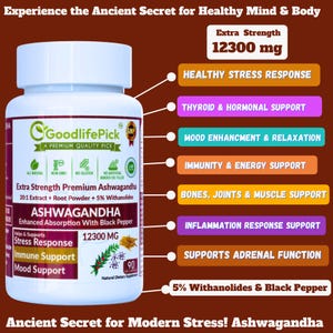 Peut inclure: Une bouteille blanche de compl&eacute;ment alimentaire Goodlife Pick Ashwagandha Premium Extra Strength contenant 12300 mg d'Ashwagandha, 20:1 Extrait + Poudre de racine + 5% de Withanolides. La bouteille est &eacute;tiquet&eacute;e avec le texte "Absorption am&eacute;lior&eacute;e avec du poivre noir" et "Aide et soutient la r&eacute;ponse au stress, le soutien immunitaire, le soutien de l'humeur". La bouteille est entour&eacute;e d'un fond brun avec des cercles blancs contenant du texte d&eacute;crivant les bienfaits de l'Ashwagandha, notamment "R&eacute;ponse au stress saine", "Soutien de la thyro&iuml;de et hormonal", "Am&eacute;lioration de l'humeur et relaxation", "Soutien de l'immunit&eacute; et de l'&eacute;nergie", "Soutien des os, des articulations et des muscles", "Soutien de la r&eacute;ponse &agrave; l'inflammation", "Soutien de la fonction surr&eacute;nale" et "5% de Withanolides et de poivre noir".