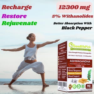 Peut inclure: Une bouteille de capsules d'Ashwagandha contenant 12300 mg d'Ashwagandha et 5% de Withanolides. La bouteille est &eacute;tiquet&eacute;e "GoodlifePick" et pr&eacute;sente une femme faisant du yoga en arri&egrave;re-plan. La bouteille est &eacute;tiquet&eacute;e "Ashwagandha Premium Extra Forte" et "Absorption Am&eacute;lior&eacute;e Avec Poivre Noir".