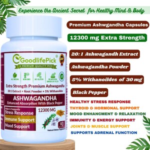Peut inclure: Une bouteille blanche de capsules d'Ashwagandha Premium Extra Strength GoodlifePick avec une &eacute;tiquette verte. La bouteille contient 12300 mg d'Ashwagandha, 20:1 extrait d'Ashwagandha, poudre d'Ashwagandha, 5% de Withanolides de 30 mg et du poivre noir. La bouteille est &eacute;tiquet&eacute;e comme un compl&eacute;ment alimentaire naturel. La bouteille est pos&eacute;e sur une surface en bois. La bouteille est entour&eacute;e de texte qui d&eacute;crit les bienfaits de l'Ashwagandha, notamment la r&eacute;ponse au stress saine, le soutien de la thyro&iuml;de et hormonal, l'am&eacute;lioration de l'humeur et la relaxation, le soutien de l'immunit&eacute; et de l'&eacute;nergie, le soutien des articulations et des muscles, et le soutien de la fonction surr&eacute;nale.
